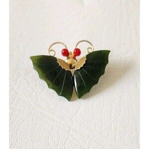 Vintage Gold Tone Jade Wings and Coral Eyes Butterfly Brooch Pin